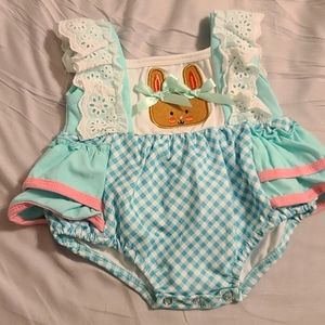 Easter Bunny ruffle bottom romper Turquoise/gingham lace and bow accents